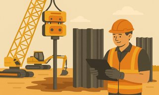 Contractor inspecting a vibro hammer machine at a construction site in India
