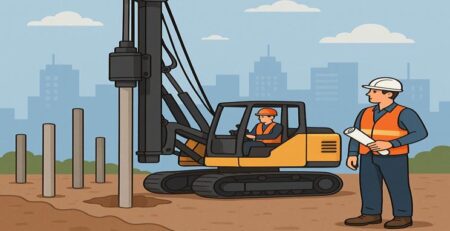 Professional piling contractor inspecting drilling rig at a Delhi construction site
