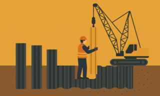 Construction site in India showing sheet pile installation along a riverbank, with cranes, laborers, and machinery in operation; visual elements highlight common challenges such as equipment constraints, soil instability, and space limitations.