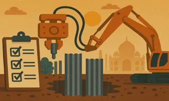 Excavator preparing construction site for vibro hammer installation