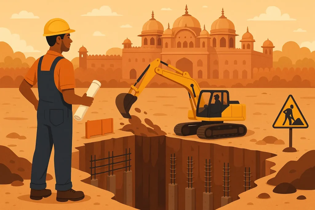 Excavation site in Jaipur showing diaphragm wall and sheet piling techniques for basement construction