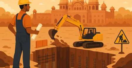 Excavation site in Jaipur showing diaphragm wall and sheet piling techniques for basement construction