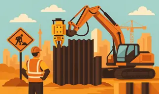 An illustrated construction site showing a worker in a safety vest observing a large orange excavator installing dark corrugated sheet piles using a vibro hammer. The background features a city skyline with high-rise buildings, cranes, a clear blue sky with scattered clouds, and a construction sign in the foreground.